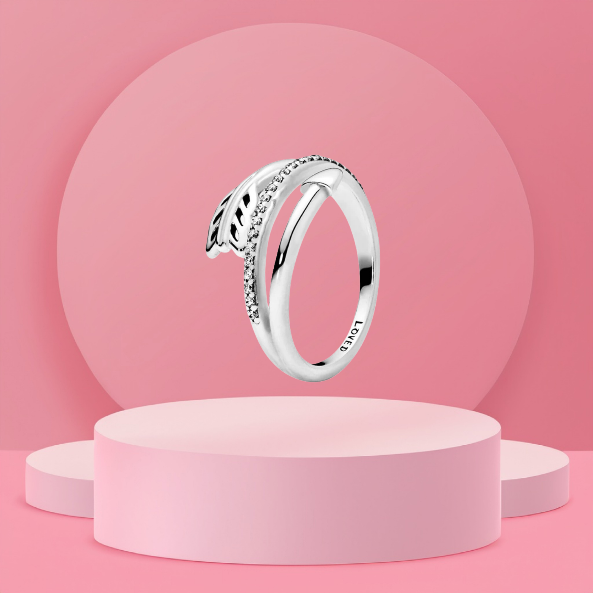 Anillo Abierto con Diseño de Hoja y Piedras Brillantes en Plata de Ley 925 para Mujer