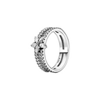 Anillo de Banda Doble con Flor Decorativa y Piedra Brillante en Plata de Ley 925 para Mujer