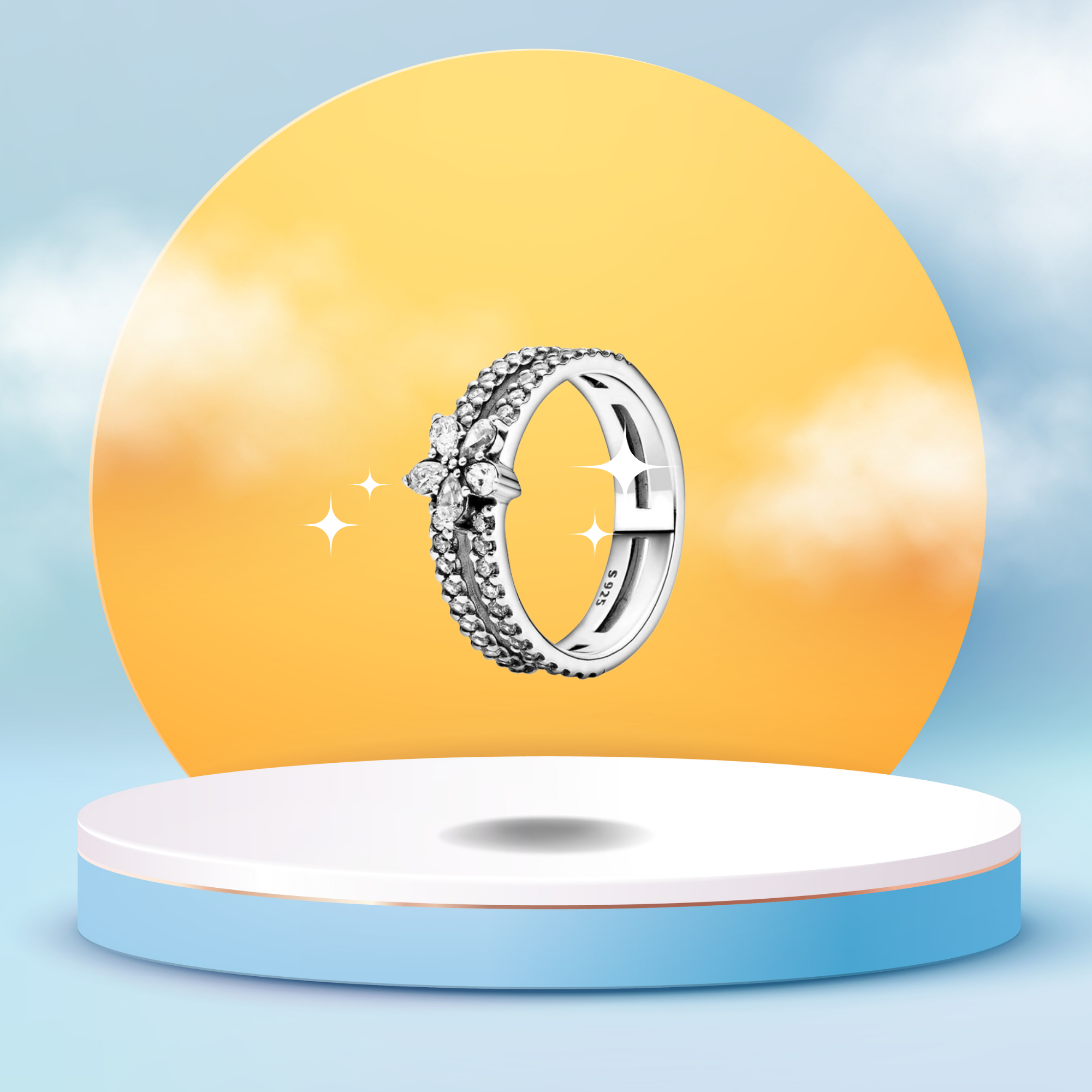Anillo de Banda Doble con Flor Decorativa y Piedra Brillante en Plata de Ley 925 para Mujer