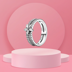 Anillo de Banda Doble con Flor Decorativa y Piedra Brillante en Plata de Ley 925 para Mujer
