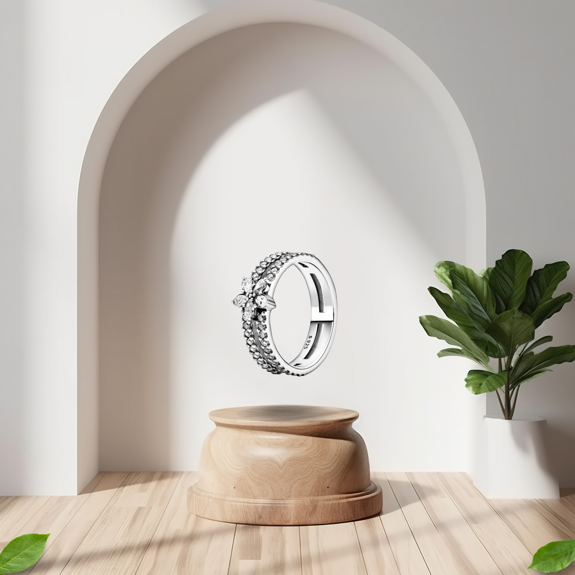 Anillo de Banda Doble con Flor Decorativa y Piedra Brillante en Plata de Ley 925 para Mujer