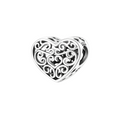 Charm Colgante Corazón Calado con Diseño de Filigrana en Plata de Ley 925 Compatible con Pulseras Europeas