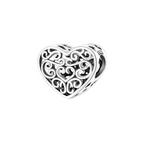 Charm Colgante Corazón Calado con Diseño de Filigrana en Plata de Ley 925 Compatible con Pulseras Europeas