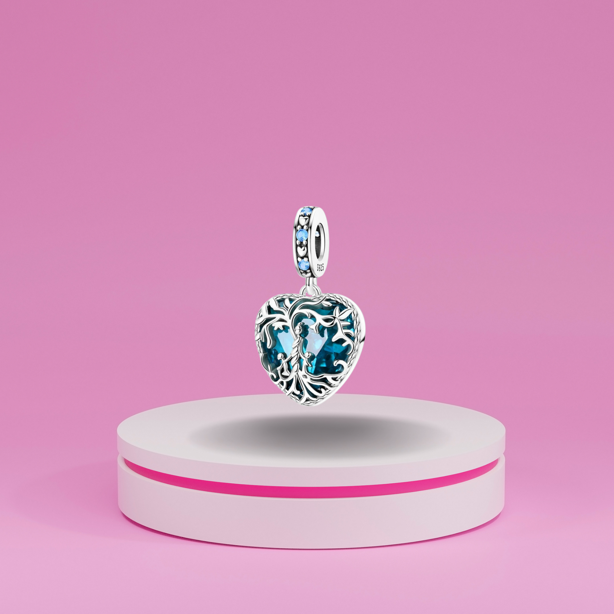Charm Colgante Corazón con Árbol de la Vida y Cristal Azul en Plata de Ley 925 Compatible con Pulseras Estilo Europeo