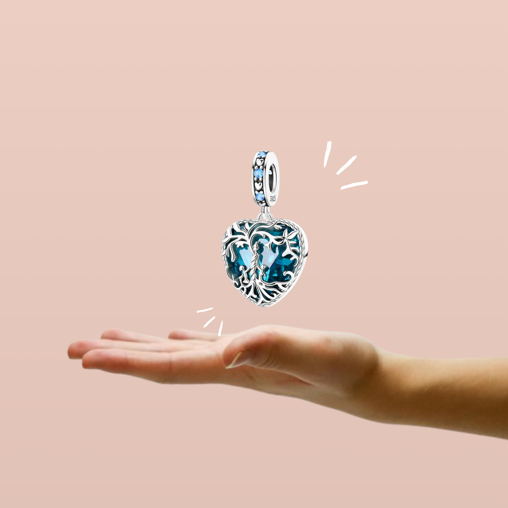 Charm Colgante Corazón con Árbol de la Vida y Cristal Azul en Plata de Ley 925 Compatible con Pulseras Estilo Europeo