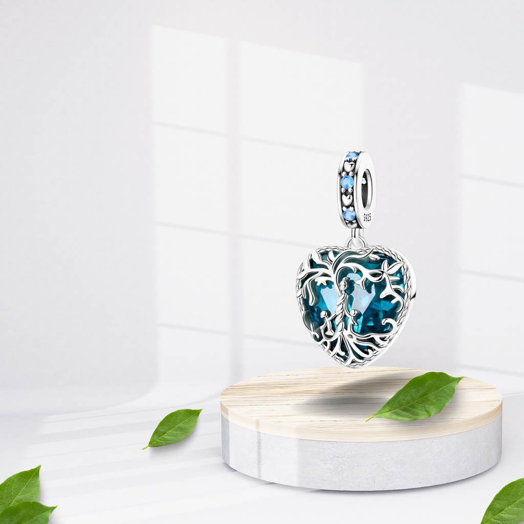 Charm Colgante Corazón con Árbol de la Vida y Cristal Azul en Plata de Ley 925 Compatible con Pulseras Estilo Europeo