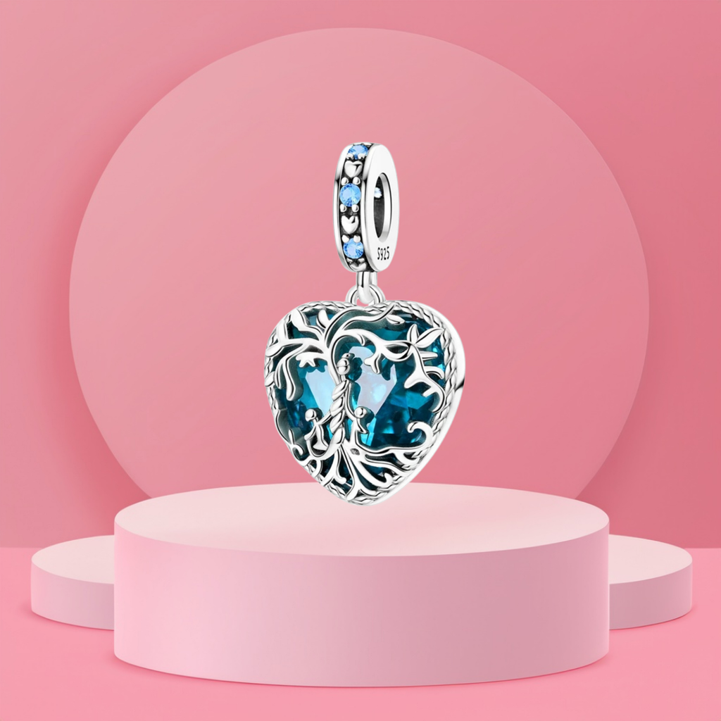Charm Colgante Corazón con Árbol de la Vida y Cristal Azul en Plata de Ley 925 Compatible con Pulseras Estilo Europeo
