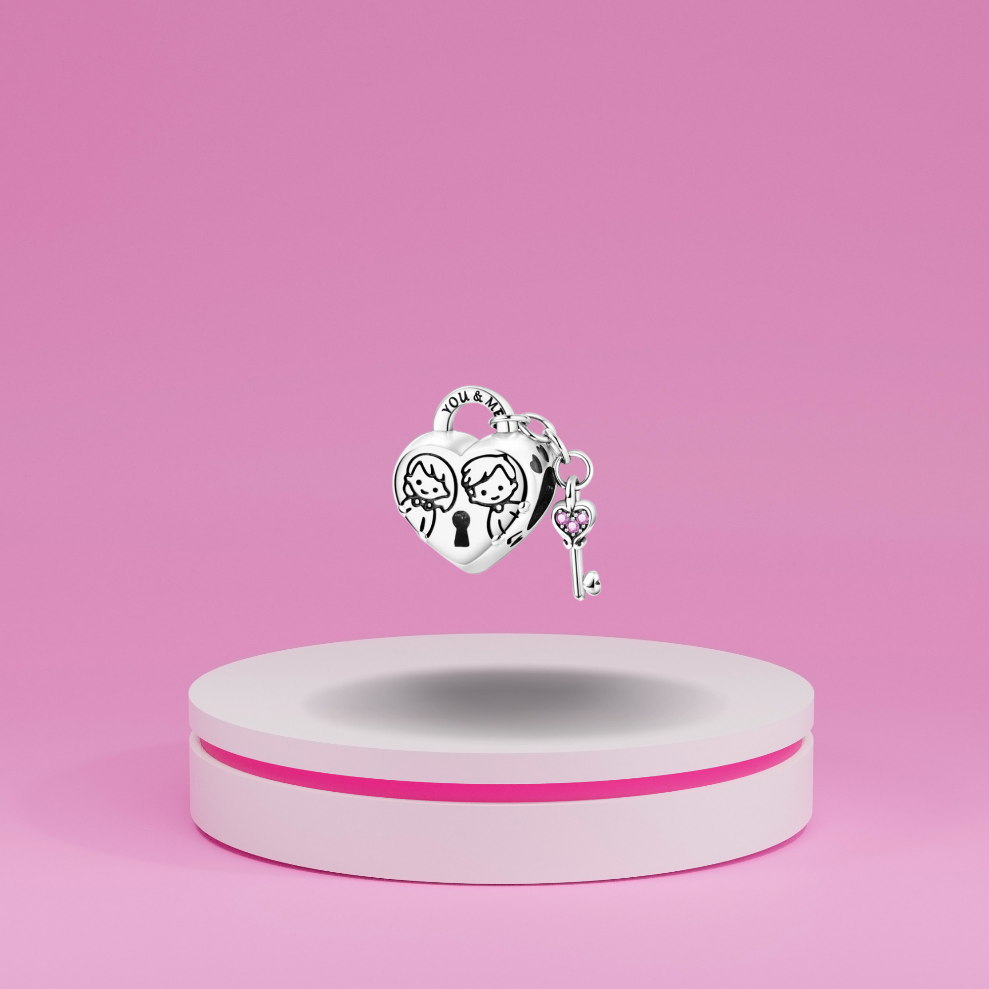 Charm Colgante Corazón con Llave y Grabado "You & Me" en Plata de Ley 925 Compatible con Pulseras Europeas