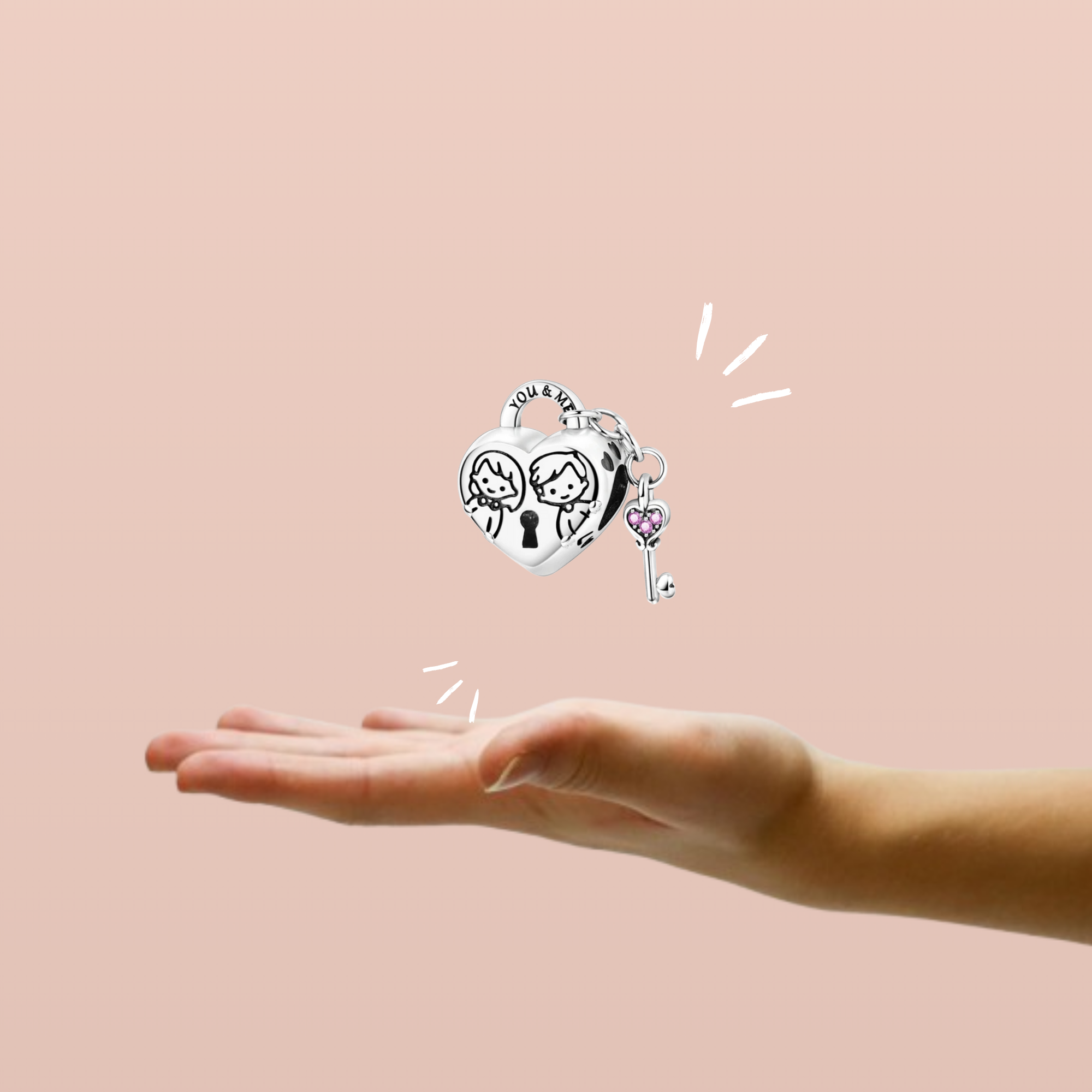 Charm Colgante Corazón con Llave y Grabado "You & Me" en Plata de Ley 925 Compatible con Pulseras Europeas