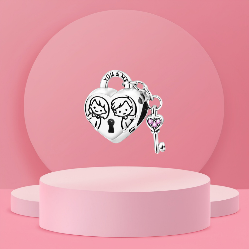 Charm Colgante Corazón con Llave y Grabado "You & Me" en Plata de Ley 925 Compatible con Pulseras Europeas