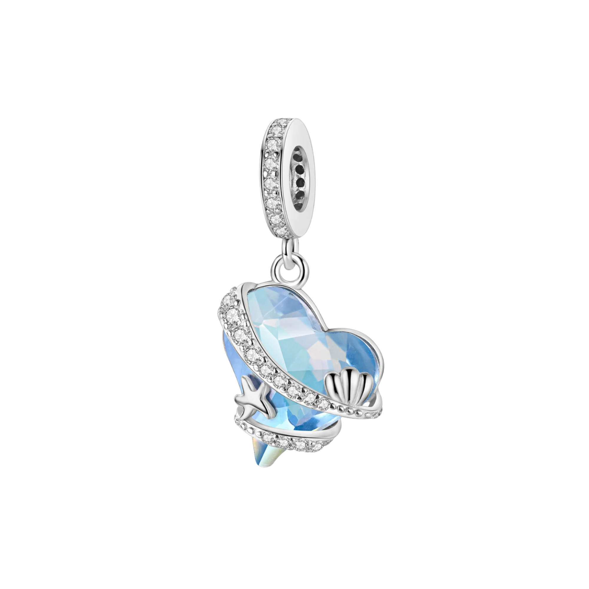 Charm Colgante Corazón de Cristal Azul con Motivos Marinos en Plata de Ley 925 Compatible con Pulseras Europeas