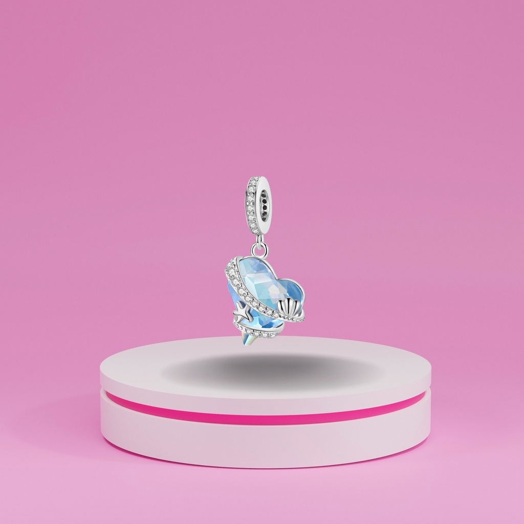 Charm Colgante Corazón de Cristal Azul con Motivos Marinos en Plata de Ley 925 Compatible con Pulseras Europeas
