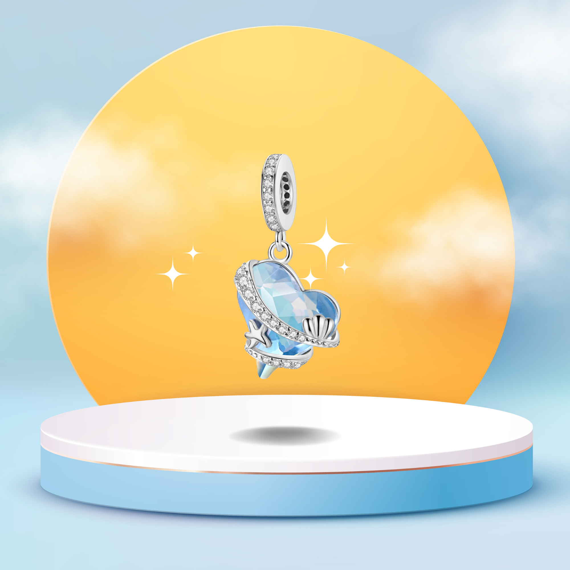 Charm Colgante Corazón de Cristal Azul con Motivos Marinos en Plata de Ley 925 Compatible con Pulseras Europeas