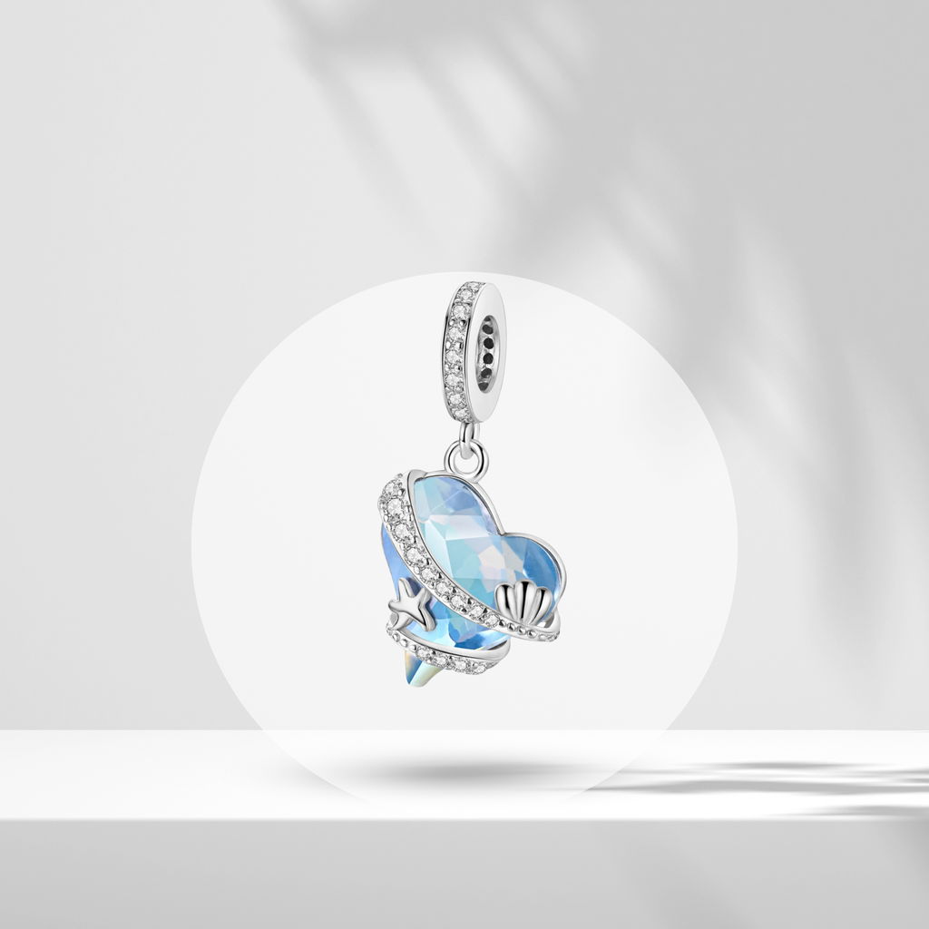 Charm Colgante Corazón de Cristal Azul con Motivos Marinos en Plata de Ley 925 Compatible con Pulseras Europeas