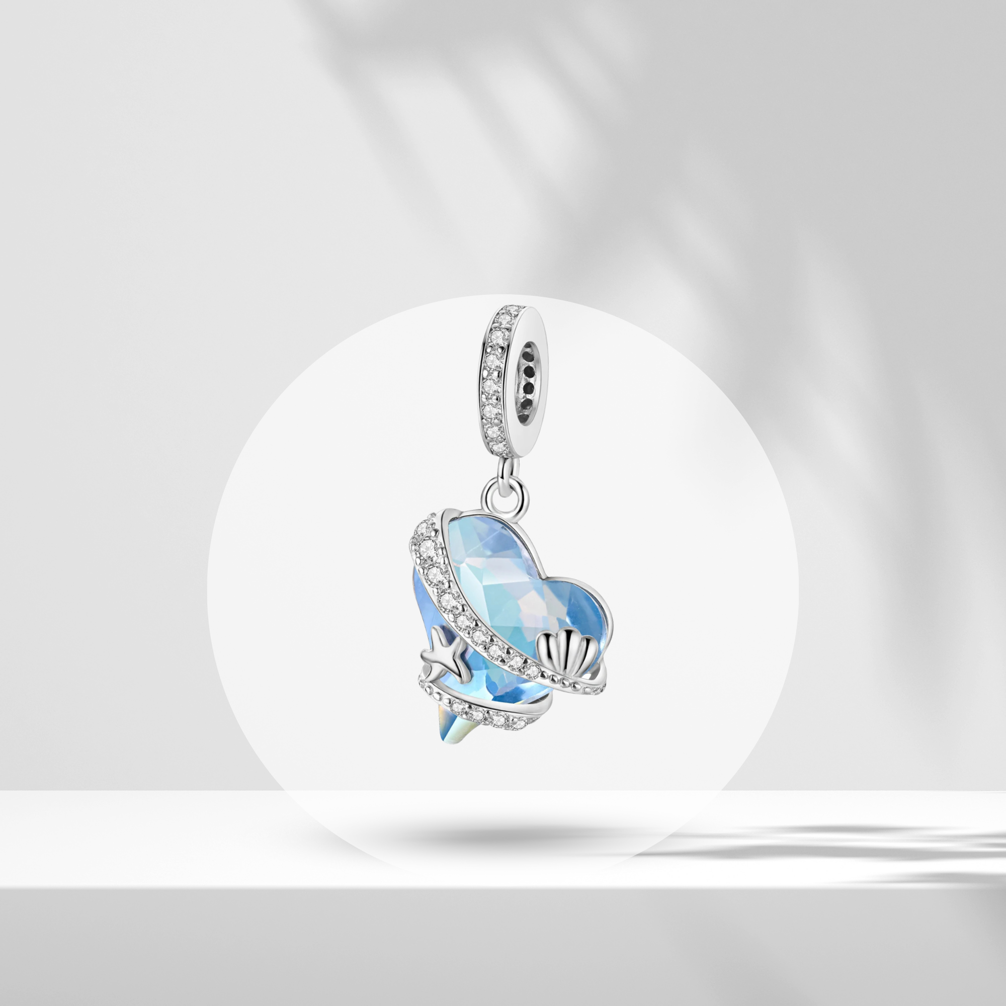 Charm Colgante Corazón de Cristal Azul con Motivos Marinos en Plata de Ley 925 Compatible con Pulseras Europeas