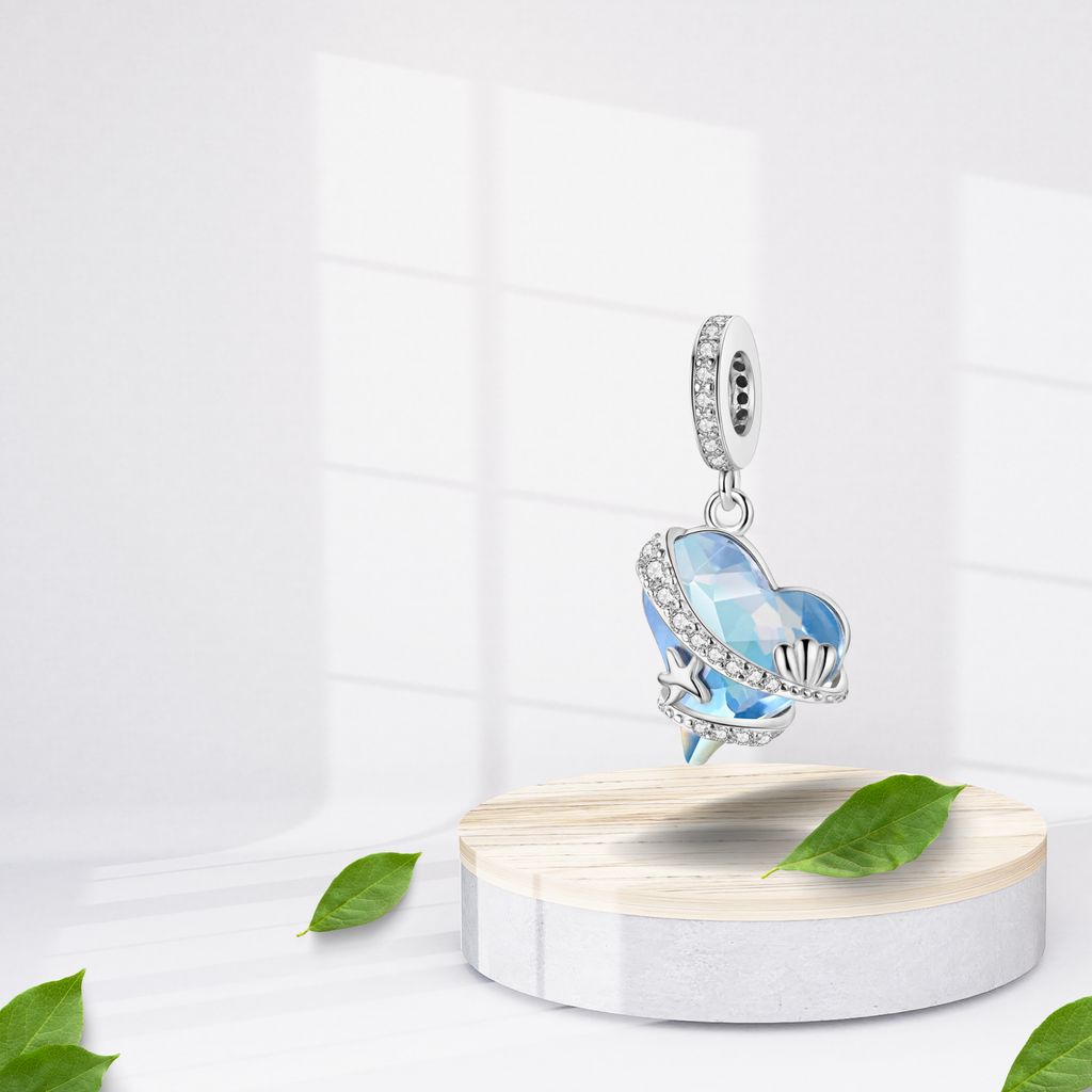 Charm Colgante Corazón de Cristal Azul con Motivos Marinos en Plata de Ley 925 Compatible con Pulseras Europeas