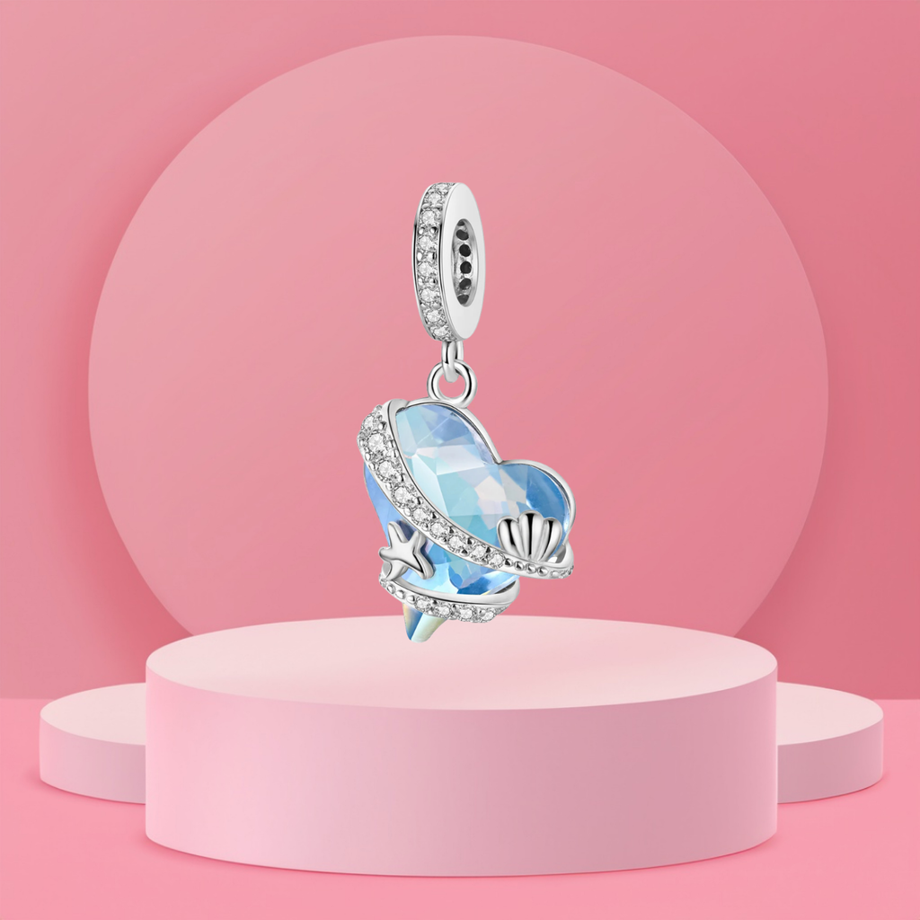 Charm Colgante Corazón de Cristal Azul con Motivos Marinos en Plata de Ley 925 Compatible con Pulseras Europeas