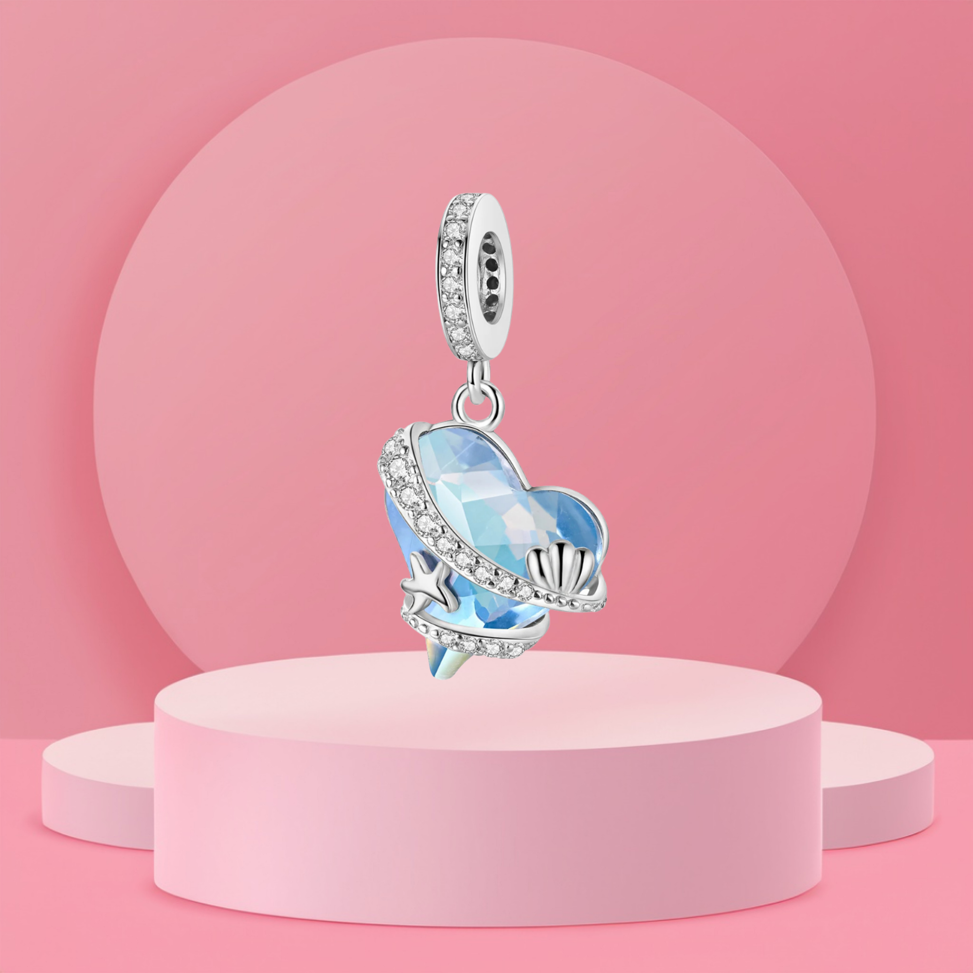 Charm Colgante Corazón de Cristal Azul con Motivos Marinos en Plata de Ley 925 Compatible con Pulseras Europeas