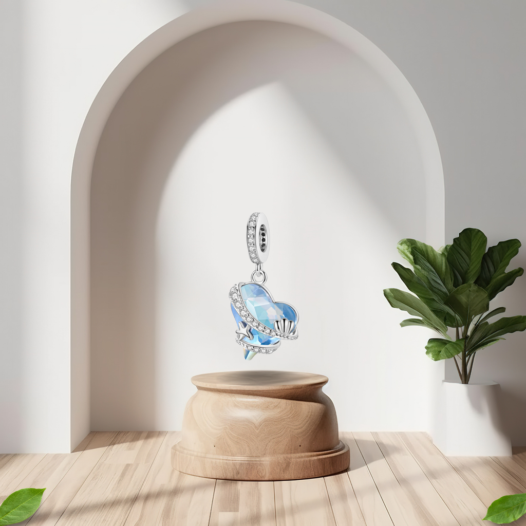 Charm Colgante Corazón de Cristal Azul con Motivos Marinos en Plata de Ley 925 Compatible con Pulseras Europeas