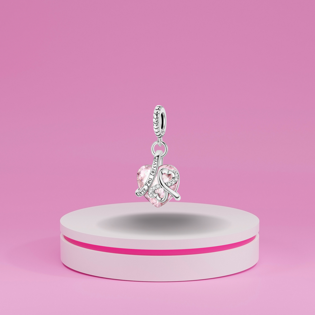 Charm Colgante en Forma de Corazón Rosa con Grabado "Love You Forever" en Plata de Ley 925 Compatible con Pulseras