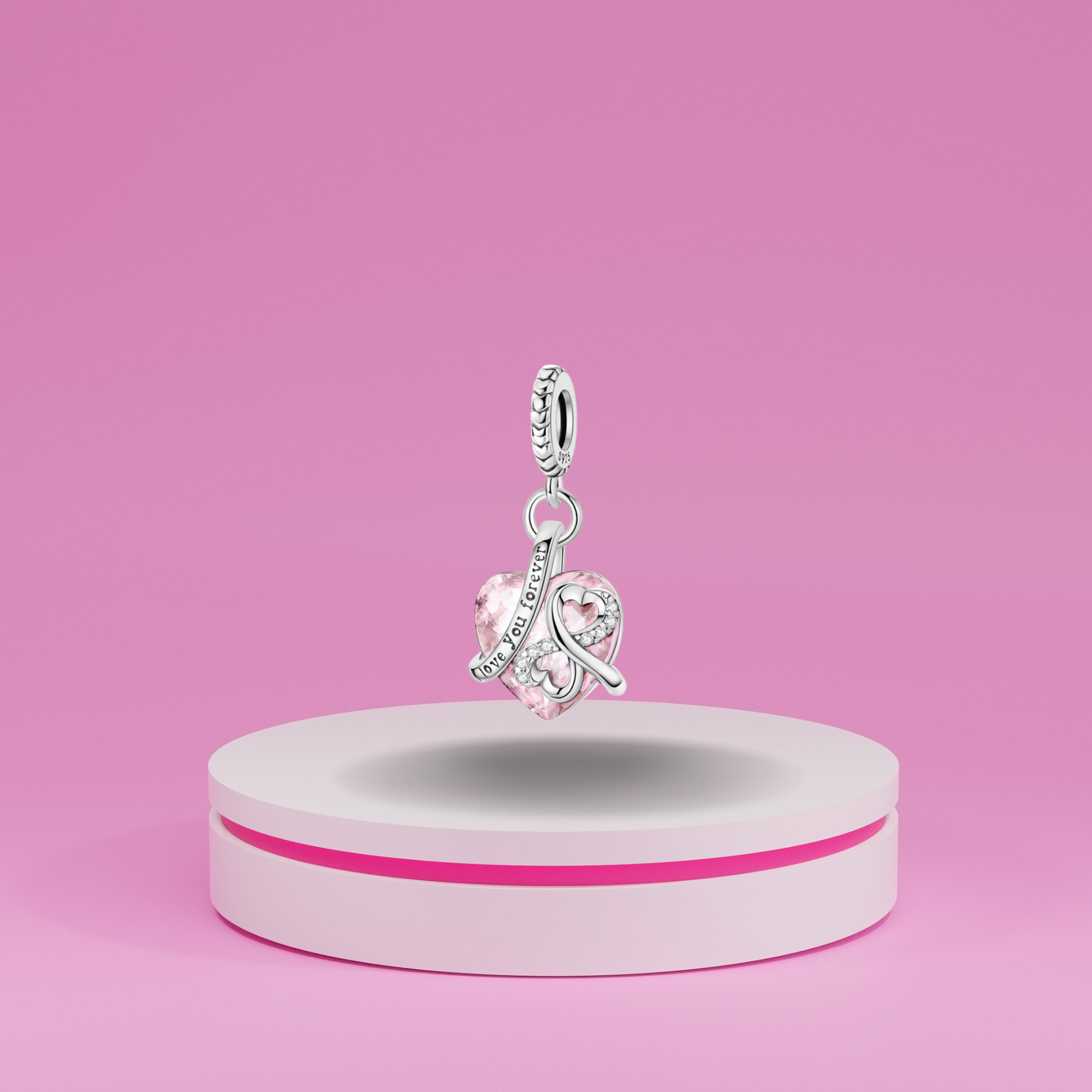 Charm Colgante en Forma de Corazón Rosa con Grabado "Love You Forever" en Plata de Ley 925 Compatible con Pulseras