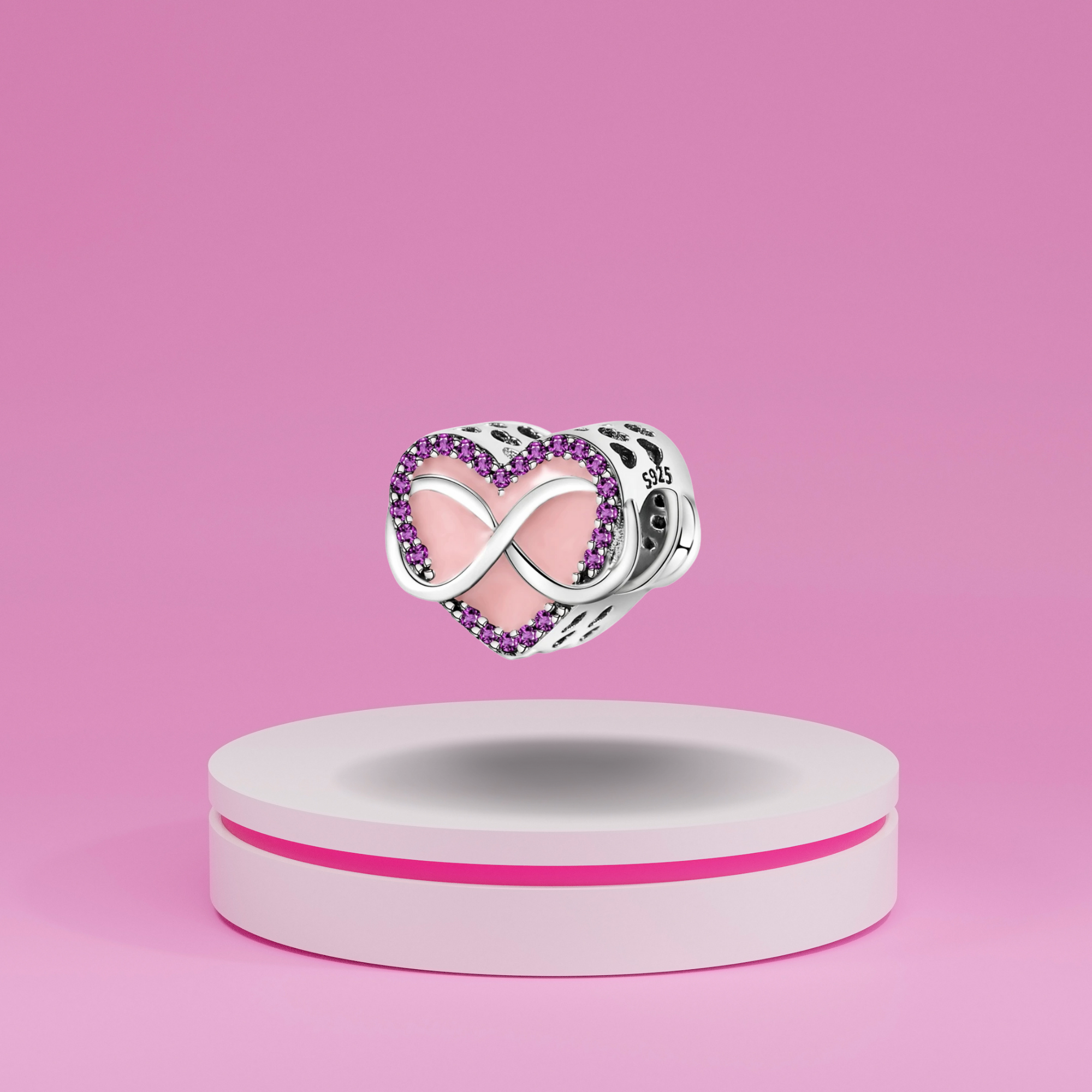 Charm Corazón Infinito con Circonitas Moradas y Esmalte Rosa en Plata de Ley 925 Compatible con Pulseras Europeas