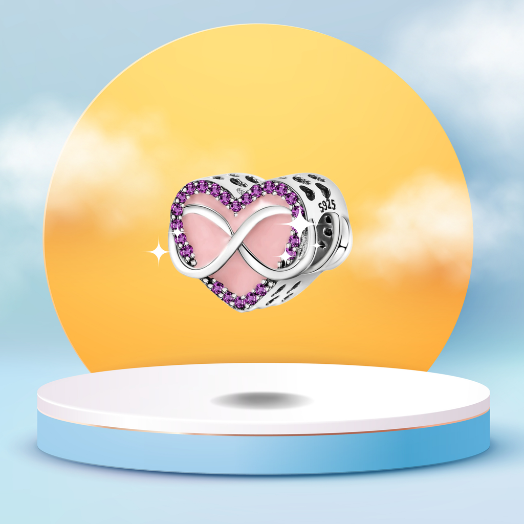 Charm Corazón Infinito con Circonitas Moradas y Esmalte Rosa en Plata de Ley 925 Compatible con Pulseras Europeas