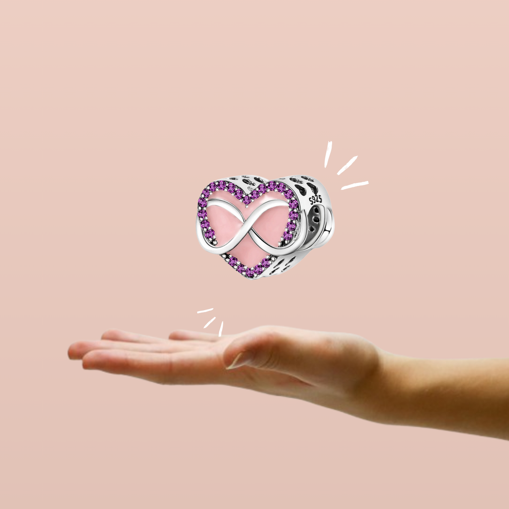 Charm Corazón Infinito con Circonitas Moradas y Esmalte Rosa en Plata de Ley 925 Compatible con Pulseras Europeas