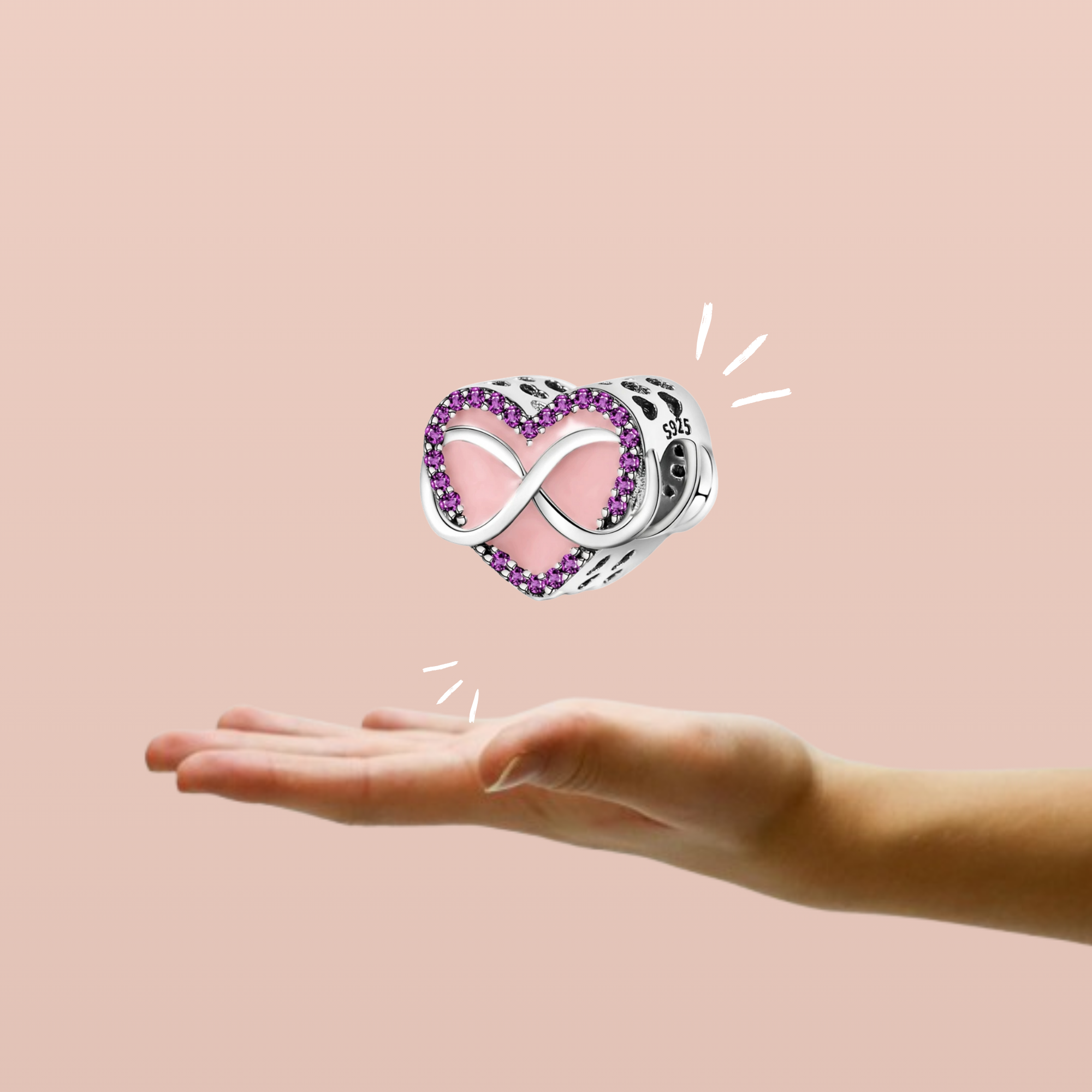 Charm Corazón Infinito con Circonitas Moradas y Esmalte Rosa en Plata de Ley 925 Compatible con Pulseras Europeas