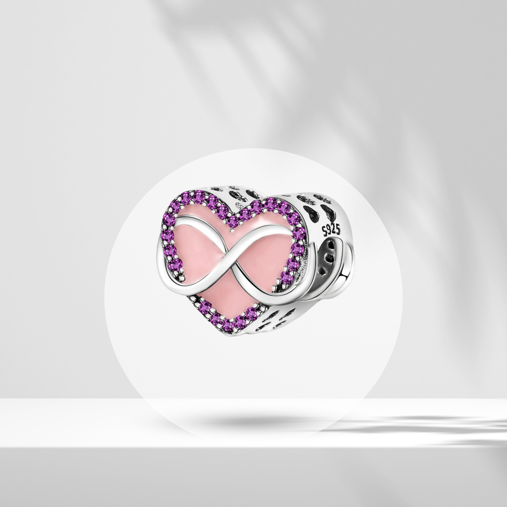 Charm Corazón Infinito con Circonitas Moradas y Esmalte Rosa en Plata de Ley 925 Compatible con Pulseras Europeas