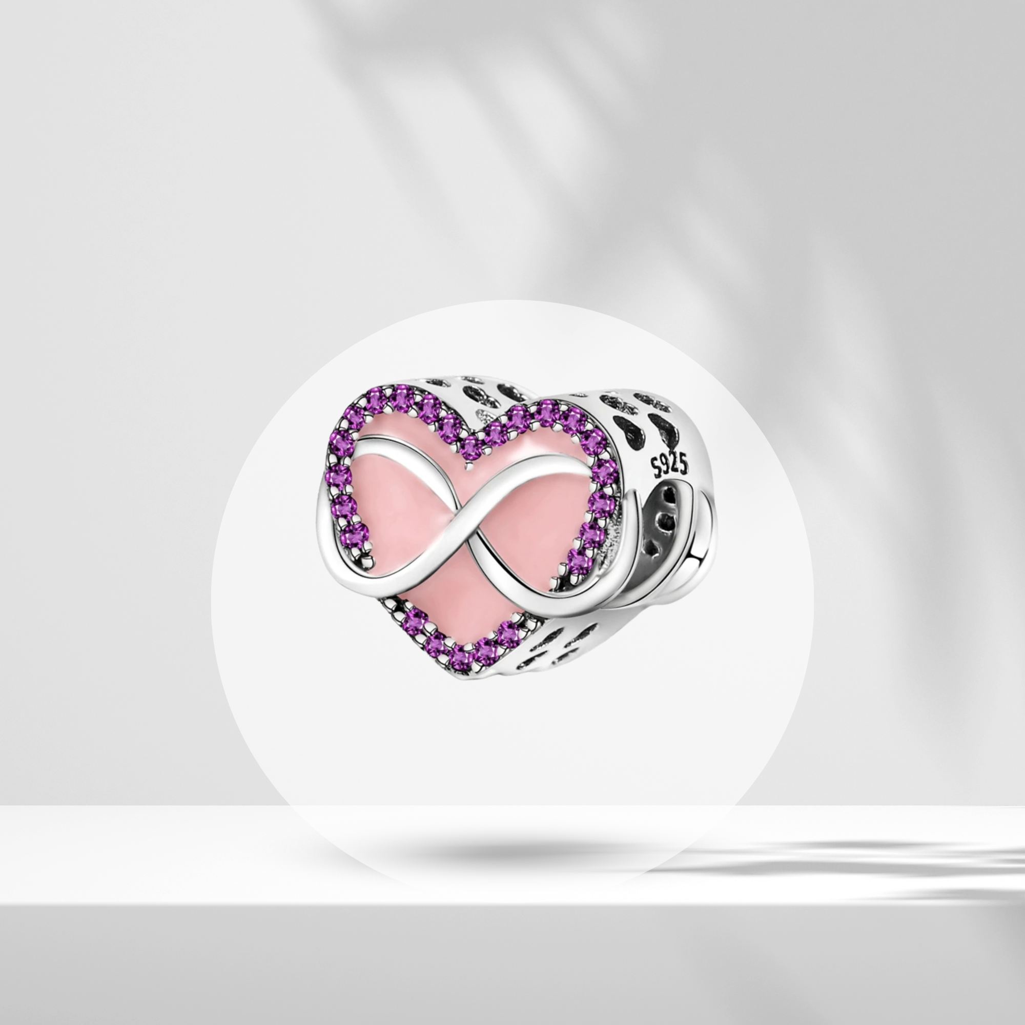 Charm Corazón Infinito con Circonitas Moradas y Esmalte Rosa en Plata de Ley 925 Compatible con Pulseras Europeas