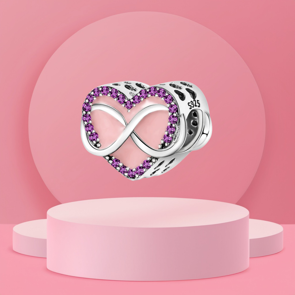 Charm Corazón Infinito con Circonitas Moradas y Esmalte Rosa en Plata de Ley 925 Compatible con Pulseras Europeas