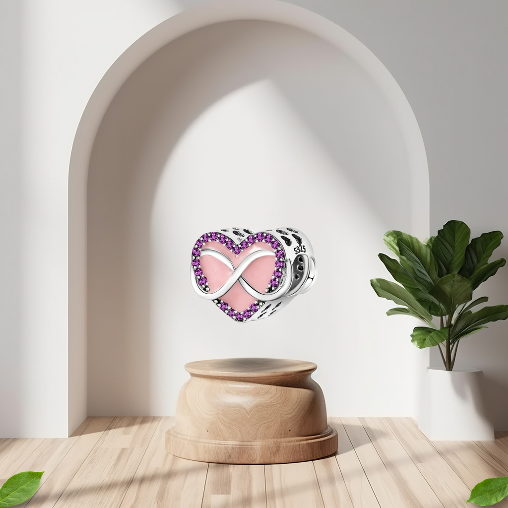 Charm Corazón Infinito con Circonitas Moradas y Esmalte Rosa en Plata de Ley 925 Compatible con Pulseras Europeas