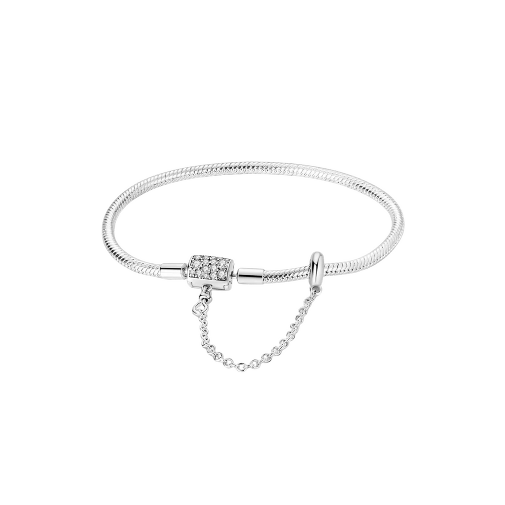 Pulsera Cadena de Serpiente con Cierre Brillante y Cadena de Seguridad en Plata de Ley 925 Compatible con Charms Europeos