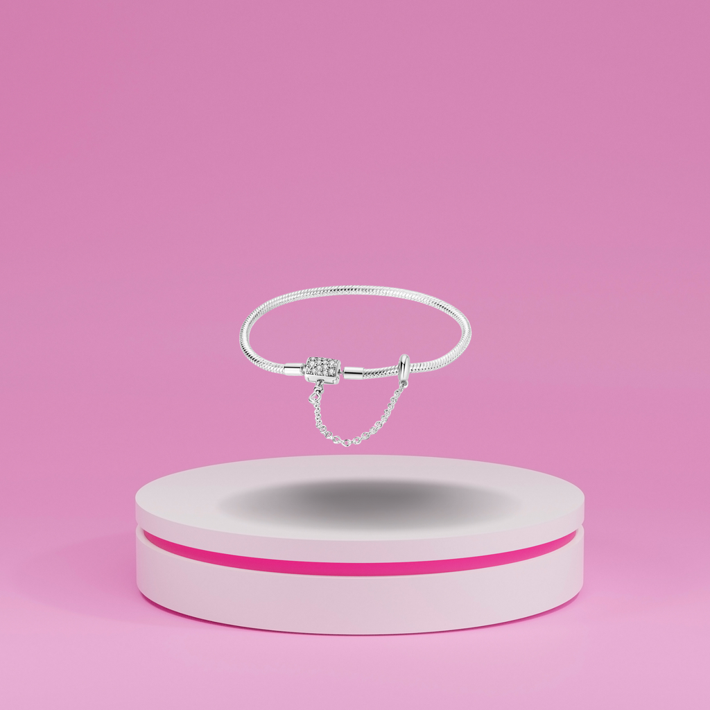 Pulsera Cadena de Serpiente con Cierre Brillante y Cadena de Seguridad en Plata de Ley 925 Compatible con Charms Europeos