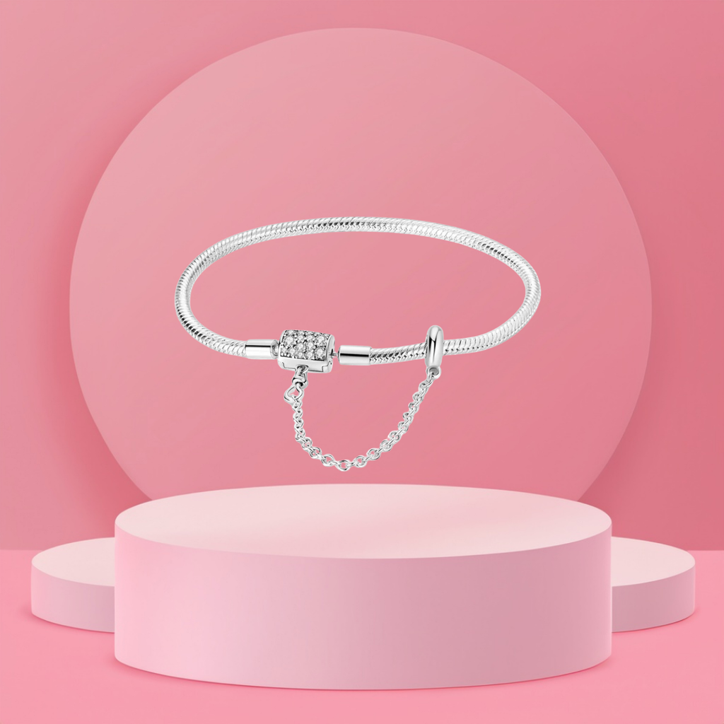 Pulsera Cadena de Serpiente con Cierre Brillante y Cadena de Seguridad en Plata de Ley 925 Compatible con Charms Europeos