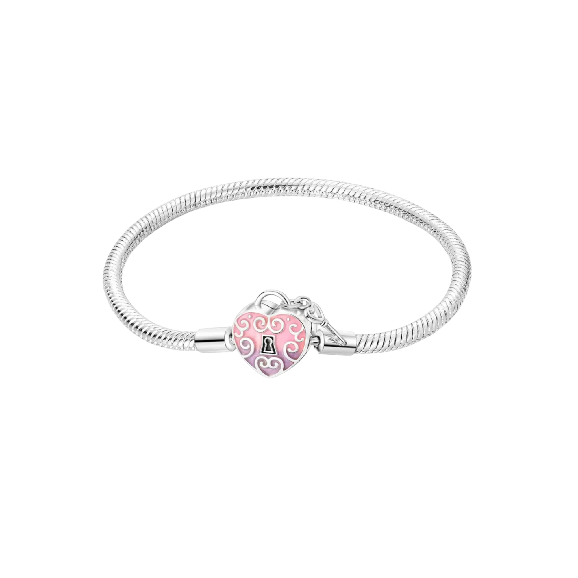Pulsera Cadena de Serpiente con Cierre de Corazón Rosa y Llave en Plata de Ley 925 Compatible con Charms Europeos