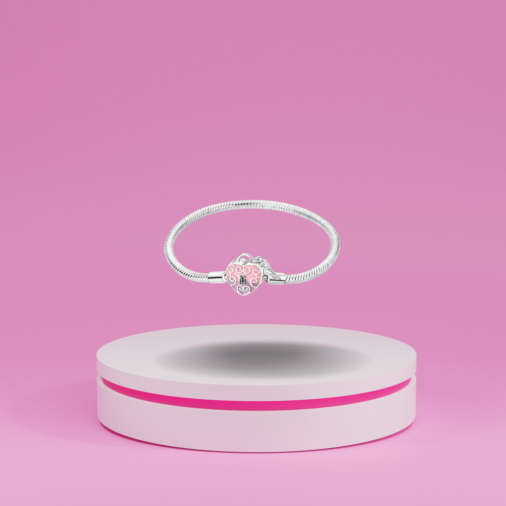 Pulsera Cadena de Serpiente con Cierre de Corazón Rosa y Llave en Plata de Ley 925 Compatible con Charms Europeos