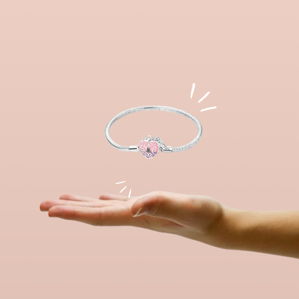Pulsera Cadena de Serpiente con Cierre de Corazón Rosa y Llave en Plata de Ley 925 Compatible con Charms Europeos