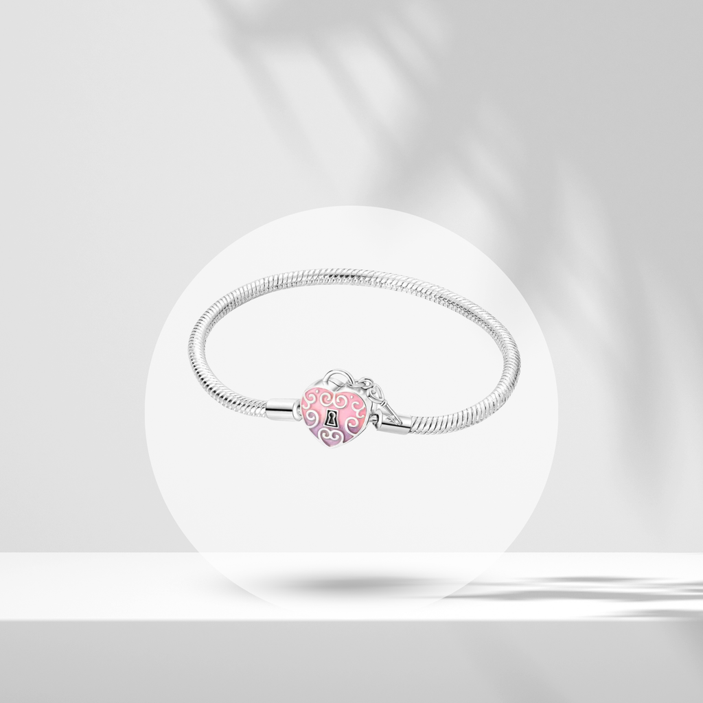Pulsera Cadena de Serpiente con Cierre de Corazón Rosa y Llave en Plata de Ley 925 Compatible con Charms Europeos