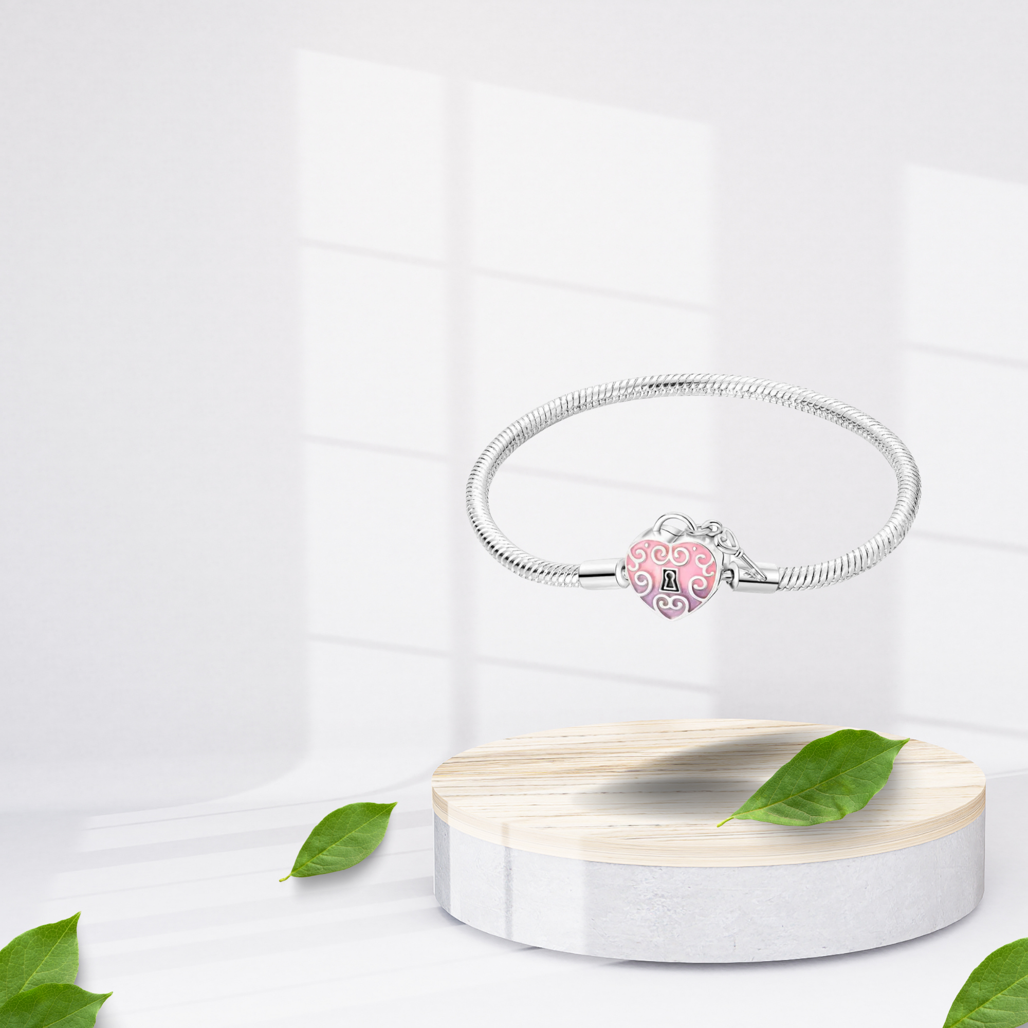 Pulsera Cadena de Serpiente con Cierre de Corazón Rosa y Llave en Plata de Ley 925 Compatible con Charms Europeos
