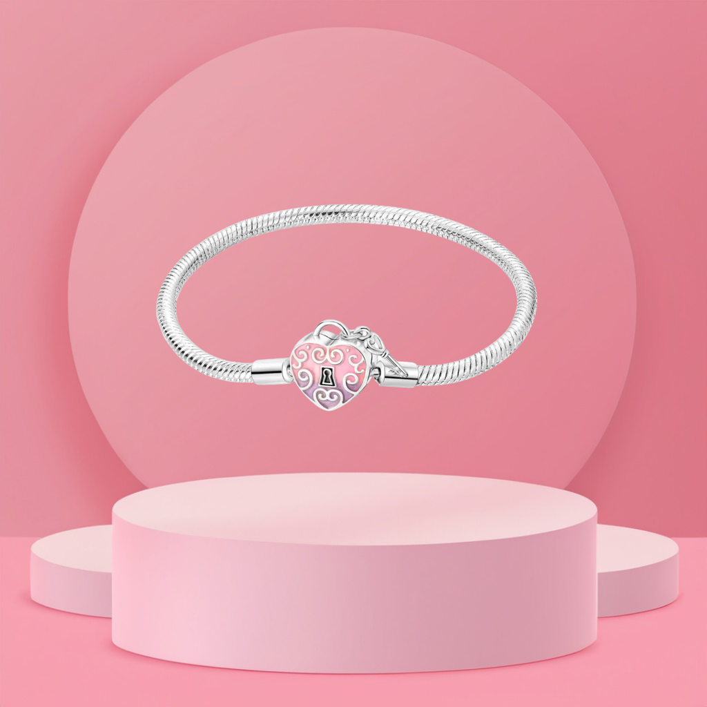 Pulsera Cadena de Serpiente con Cierre de Corazón Rosa y Llave en Plata de Ley 925 Compatible con Charms Europeos