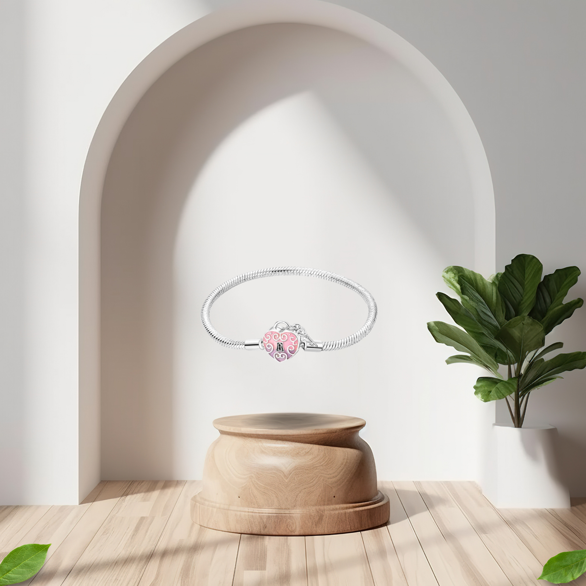 Pulsera Cadena de Serpiente con Cierre de Corazón Rosa y Llave en Plata de Ley 925 Compatible con Charms Europeos
