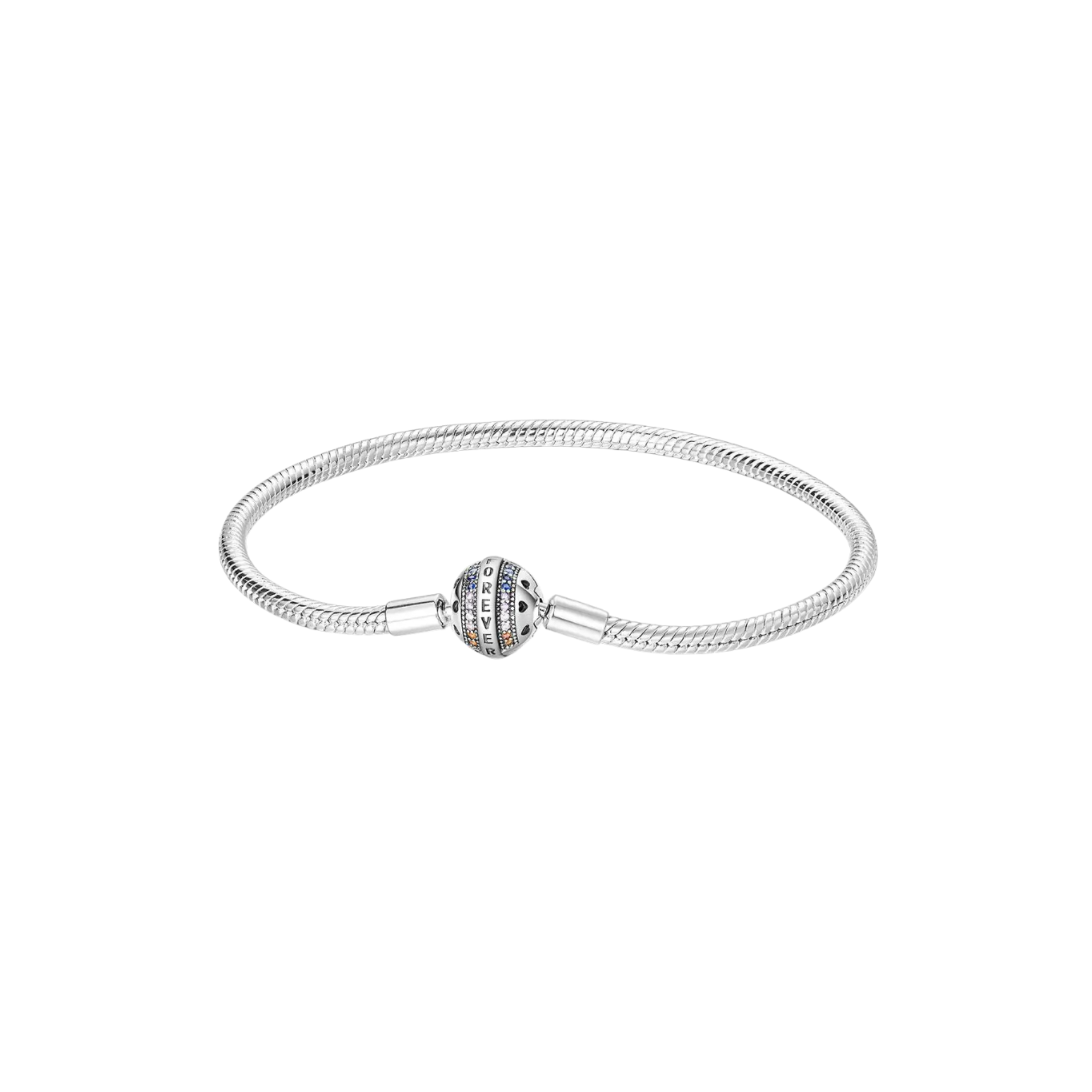 Pulsera Cadena de Serpiente con Cierre Grabado "Forever" y Detalles Multicolor en Plata de Ley 925 Compatible con Charms Europeos