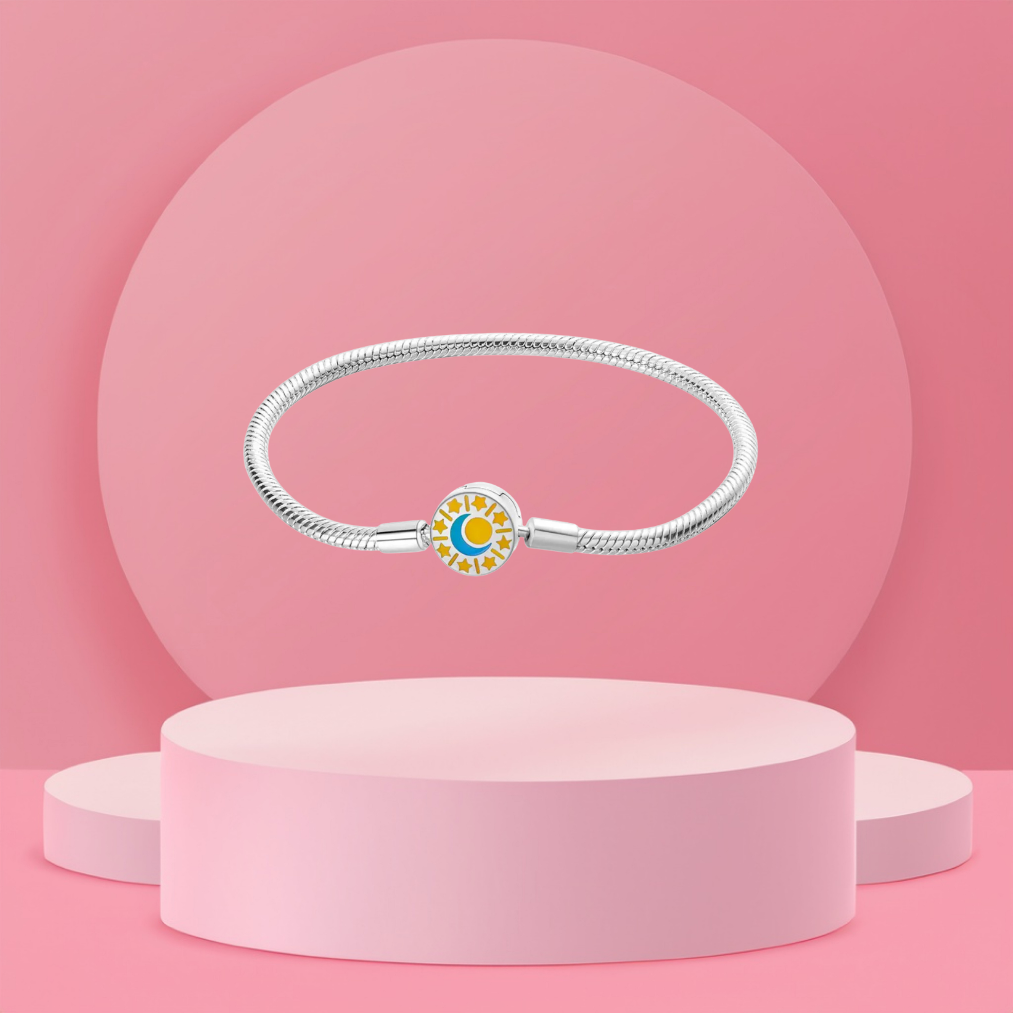 Pulsera Cadena de Serpiente con Cierre de Sol, Luna y Estrellas en Plata de Ley 925 Compatible con Charms Europeos