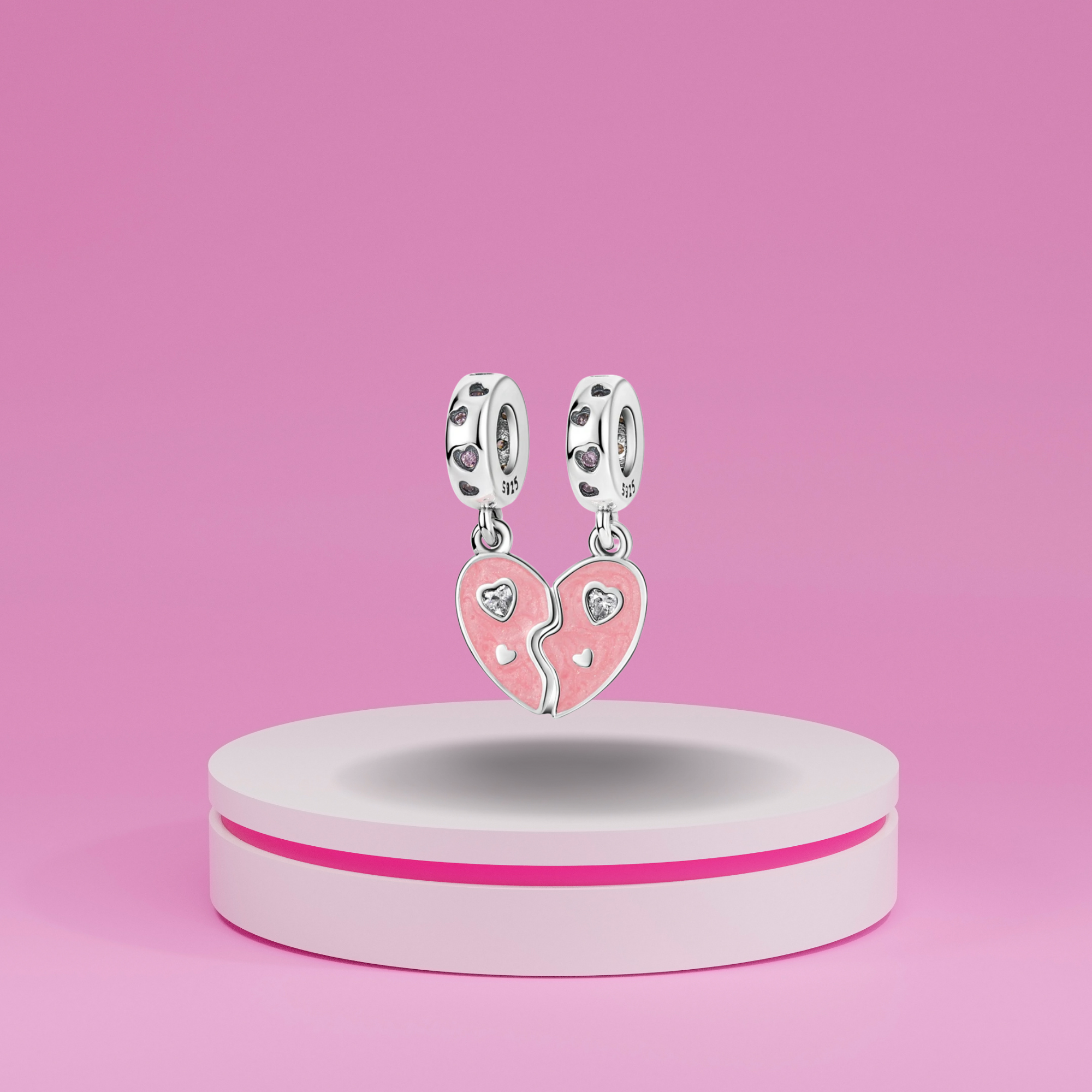 Set de Charms Colgantes Corazón Dividido Rosa con Detalles Brillantes en Plata de Ley 925 Compatibles con Pulseras