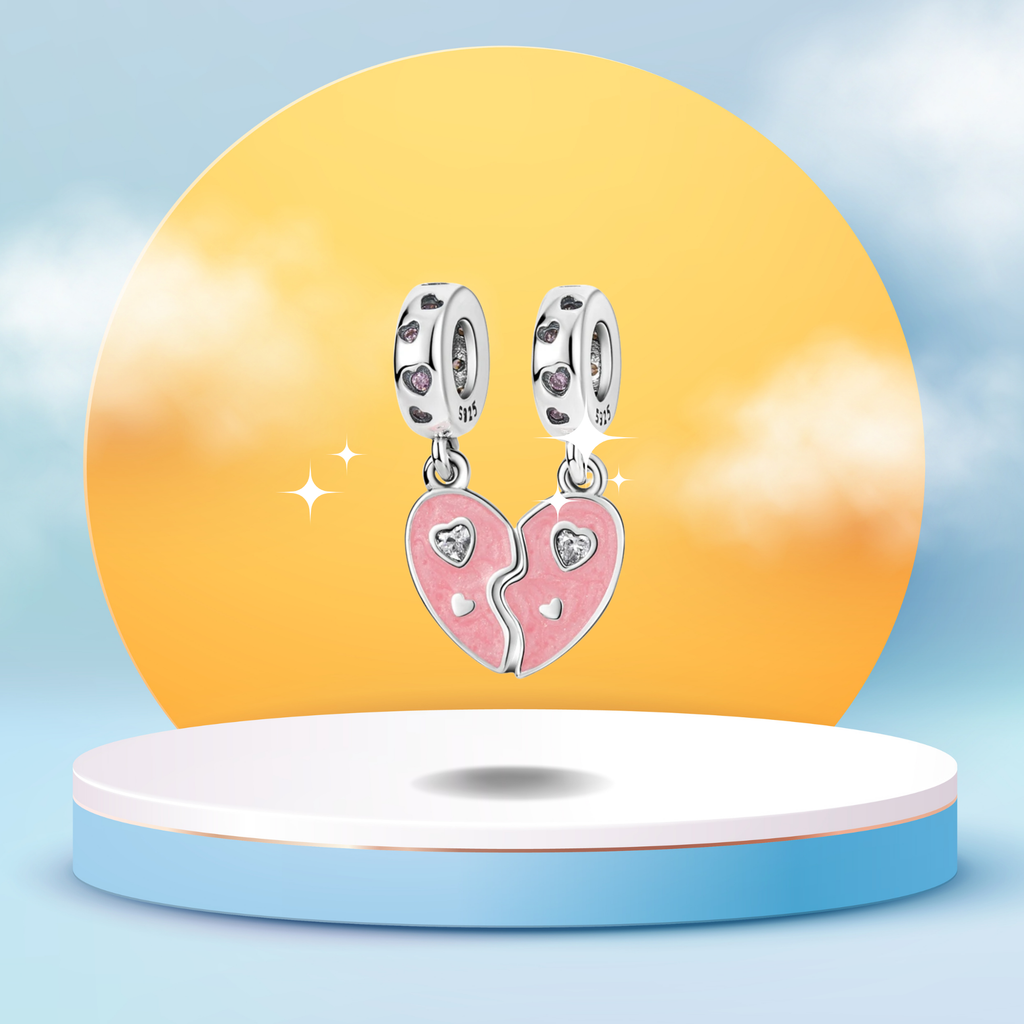 Set de Charms Colgantes Corazón Dividido Rosa con Detalles Brillantes en Plata de Ley 925 Compatibles con Pulseras